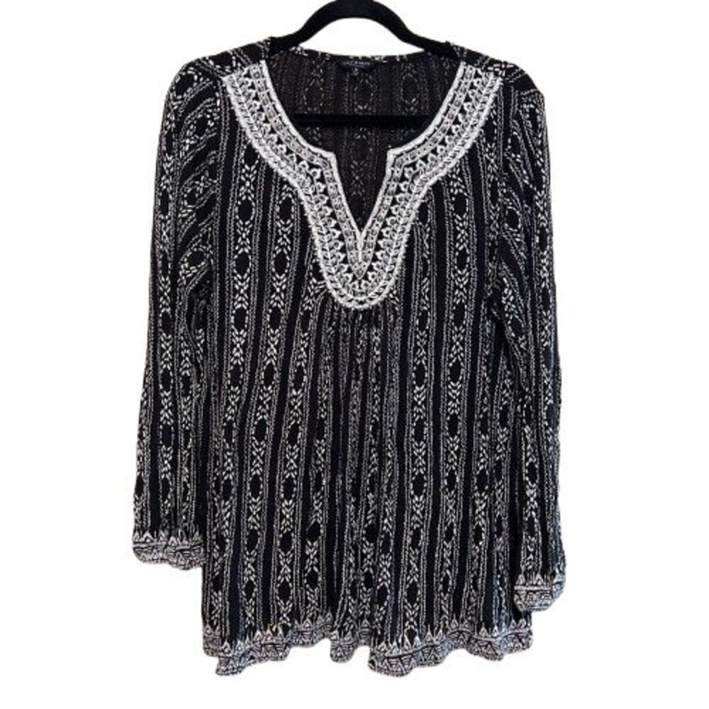 Lucky Brand Tunic Top Women 1X Black White Embroider Beaded Bib Boho Linen Blend